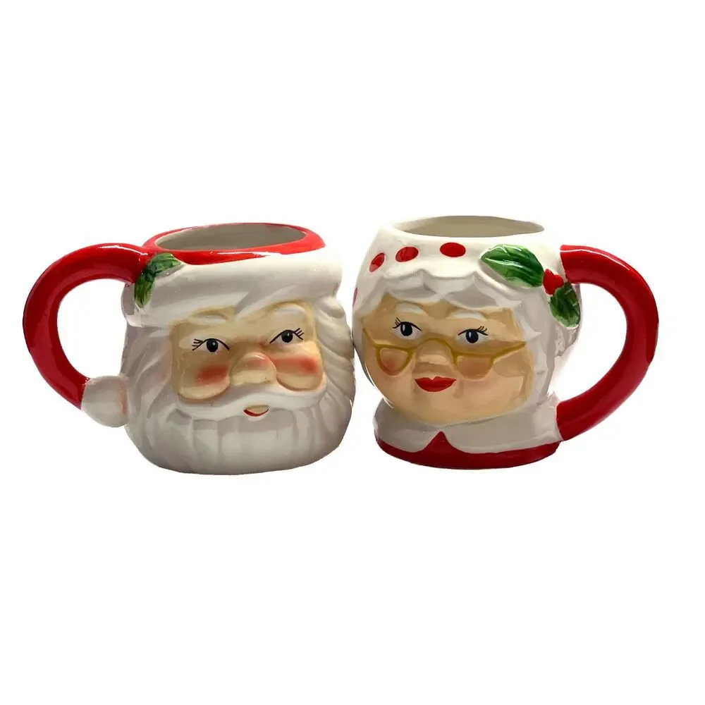 3D Mr. Christmas Santa & Mrs. Claus Mugs with Santa Face Dish 3-Piece Set